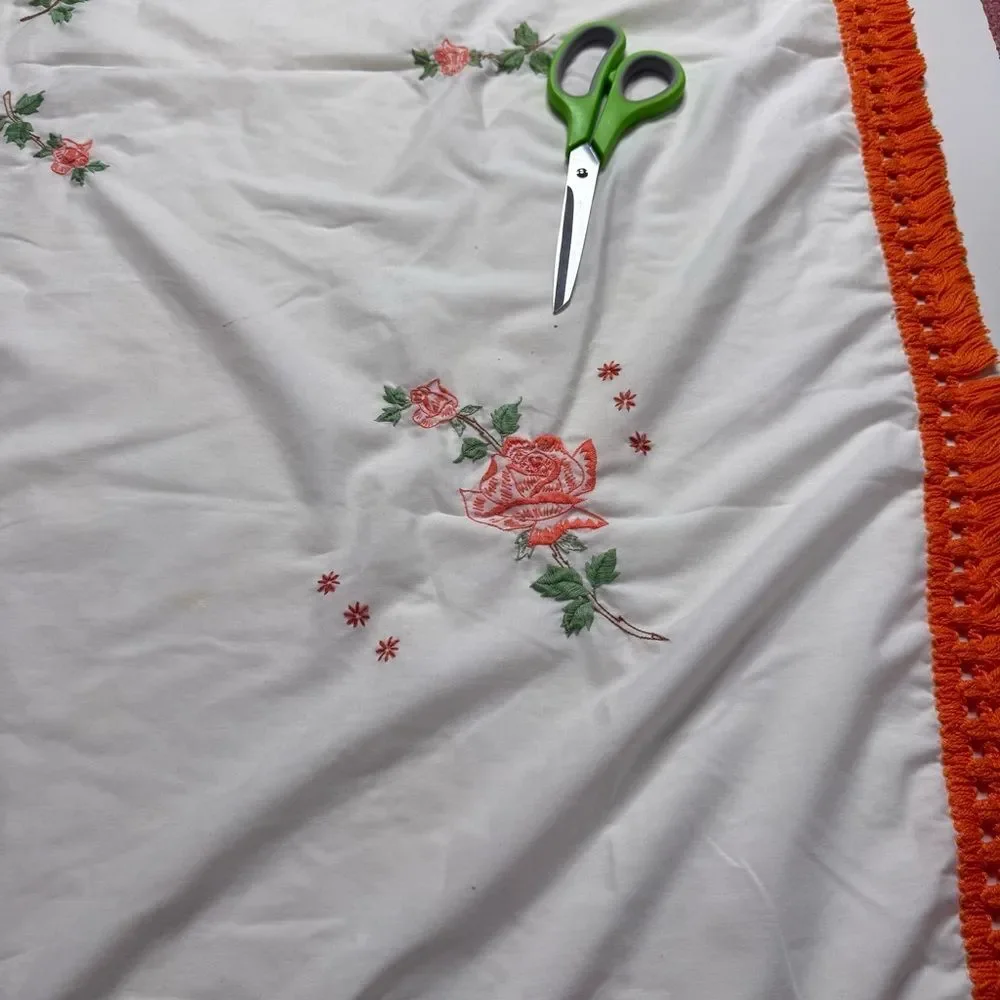 Vintage Hand Embroidered Floral Tablecloth Orange Fringe